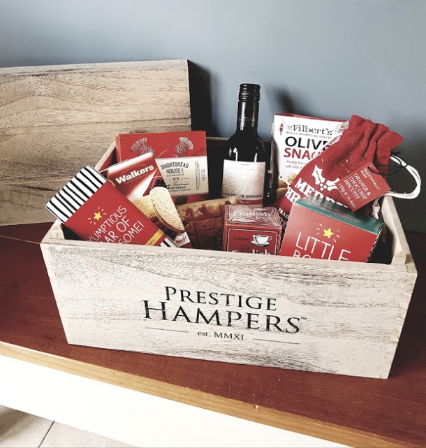 Open Hamper box with contents displayed.